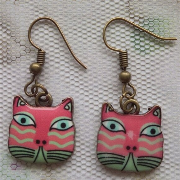 Highly Enameled CAT Dangling Earrings - Picture 1 of 4